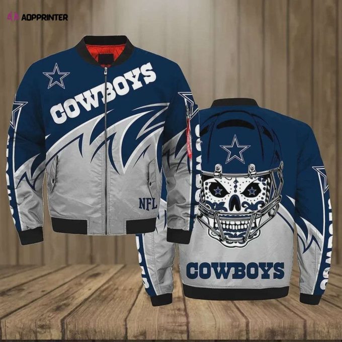 Dallas Cowboys With Skull Pattern Bomber Jacket – Navy Blue And Gray