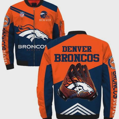 Denver Broncos Hands With Logo Pattern Bomber Jacket – Blue Orange