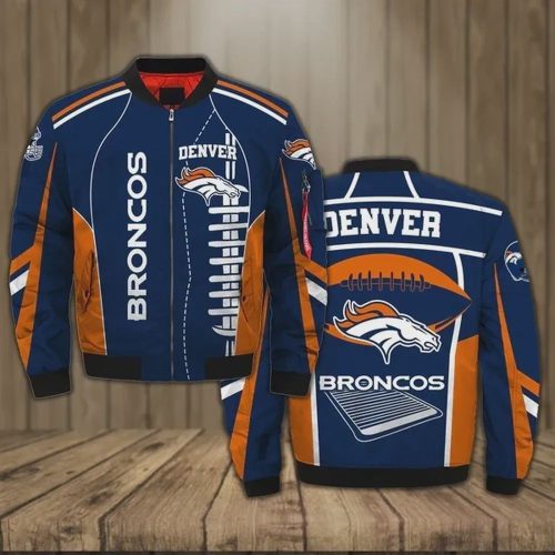 Denver Broncos Logo Pattern Bomber Jacket – Navy Blue And Orange