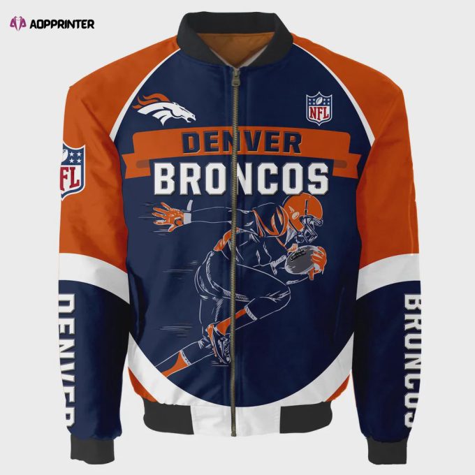 Denver Broncos Players Running Pattern Bomber Jacket – Blue And Orange