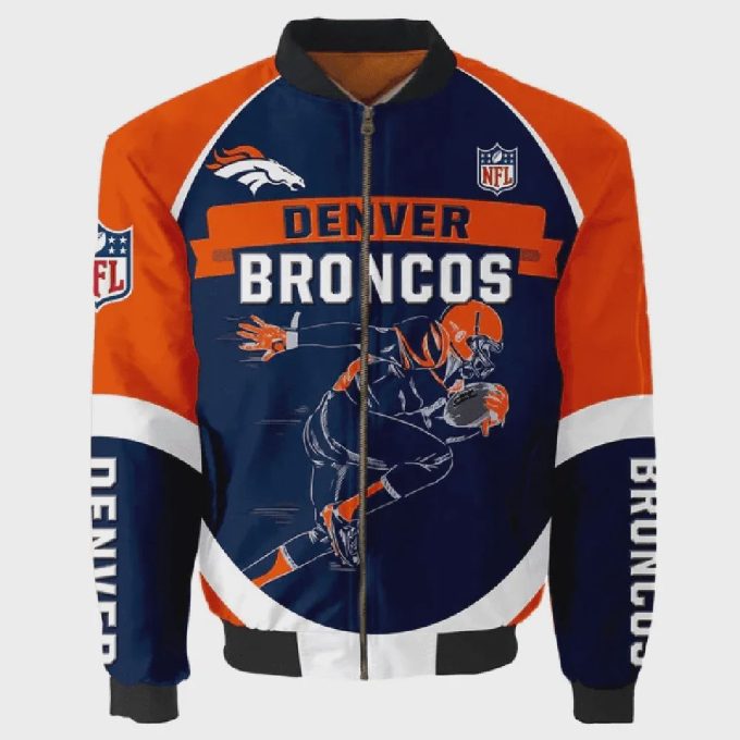 Denver Broncos Team Logo Pattern Bomber Jacket – Navy Blue And Orange