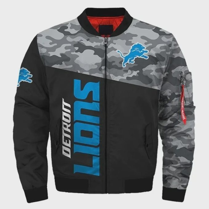 Detroit Lions Camo Pattern Bomber Jacket – Black And Gray