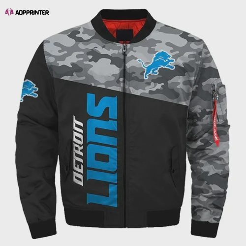 Detroit Lions Helmet Logo Pattern Bomber Jacket – Blue