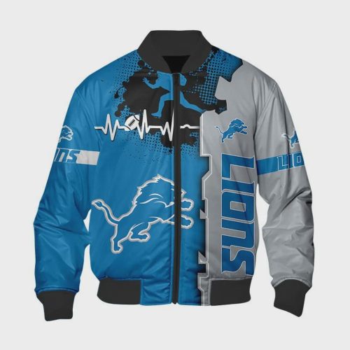 Detroit Lions Heart ECG Line Pattern Bomber Jacket – Blue Grey