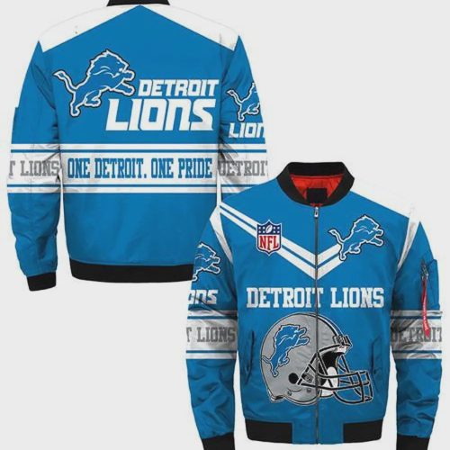 Detroit Lions Helmet Logo Pattern Bomber Jacket – Blue