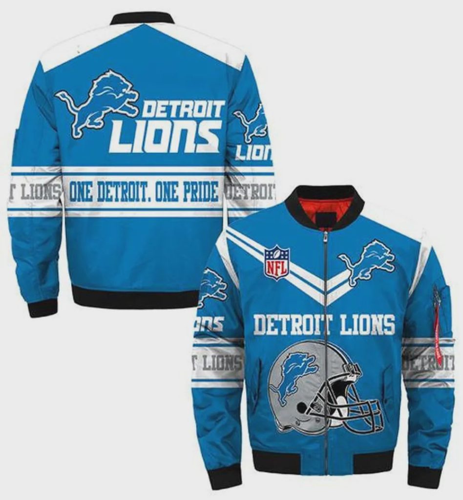 Detroit Lions Helmet Logo Pattern Bomber Jacket – Blue