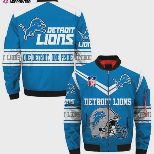 Detroit Lions Helmet Logo Pattern Bomber Jacket – Blue