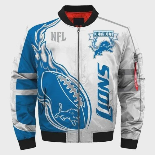 Detroit Lions Pattern Bomber Jacket – Blue And White