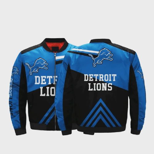 Detroit Lions Team Logo Pattern Bomber Jacket – Blue And Black