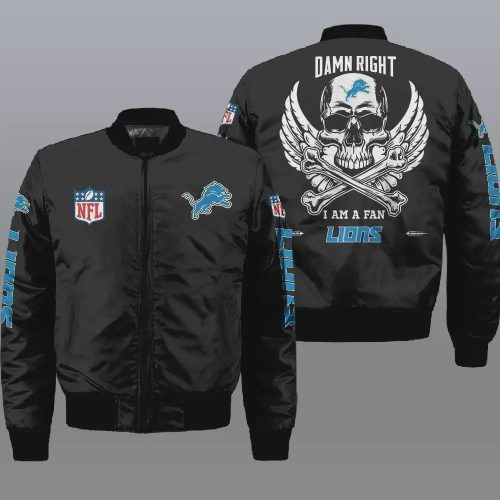 Detroit Lions Wings Skull Pattern Bomber Jacket – Black