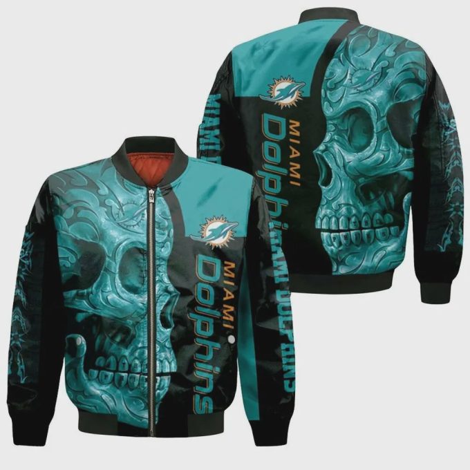 Dolphins Miami Skull Pattern Bomber Jacket – Black And Teal Color