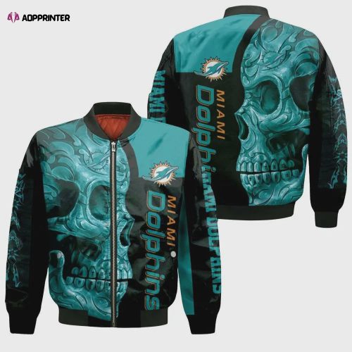 Dolphins Miami Skull Pattern Bomber Jacket – Black And Teal Color