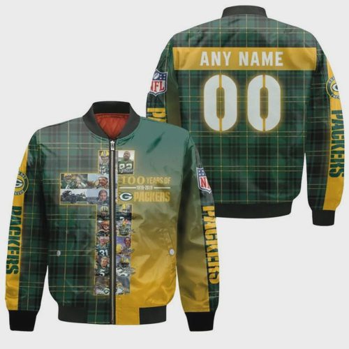 Green Bay Packers 100 Years With Custom Name Number Bomber Jacket – Green And Yellow