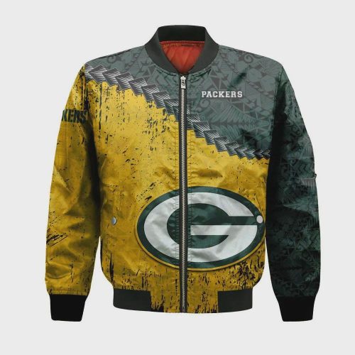 Green Bay Packers Bomber Jacket 3D Printed Grunge Polynesian Tattoo