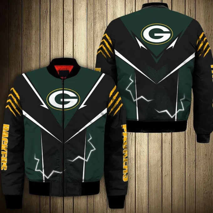 Green Bay Packers Lightning Pattern Bomber Jacket – Green