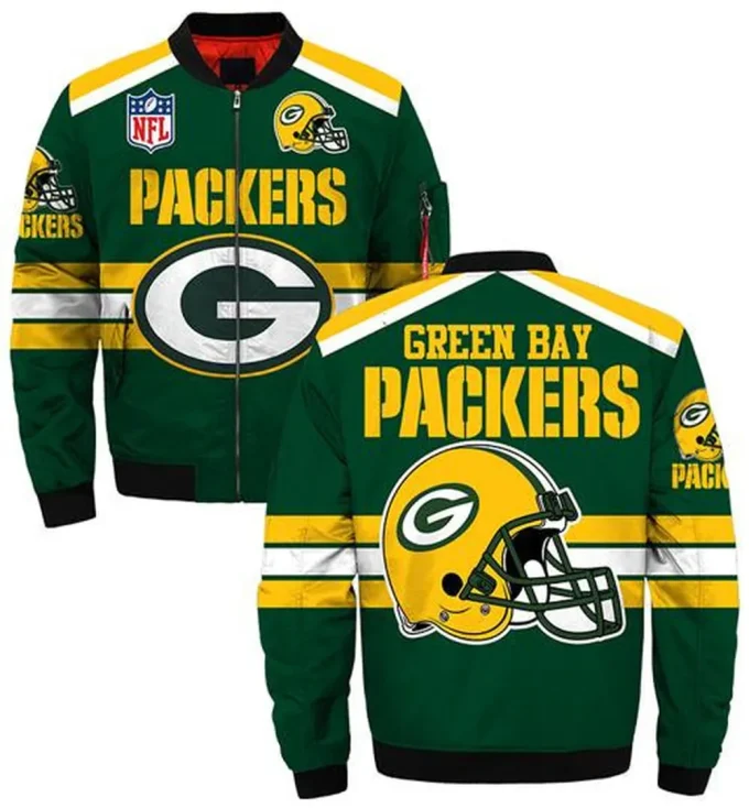 Green Bay Packers Logo Helmet Stripe Pattern Bomber Jacket – Green