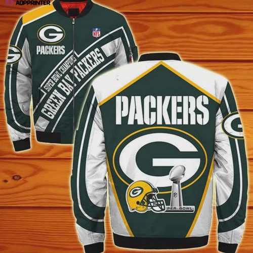 Green Bay Packers Logo Text Pattern Bomber Jacket – Green White