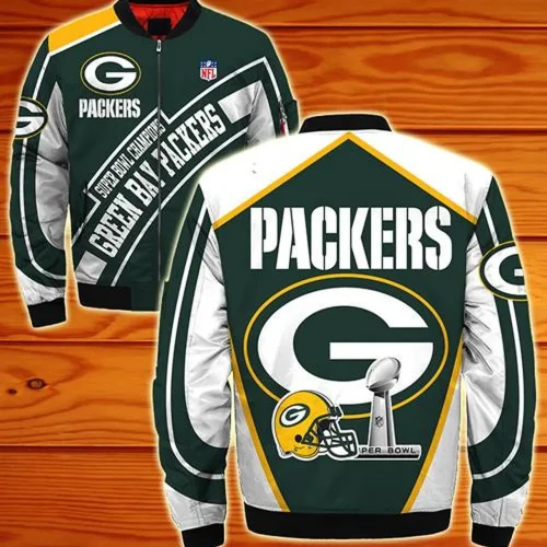 Green Bay Packers Logo Text Pattern Bomber Jacket – Green White