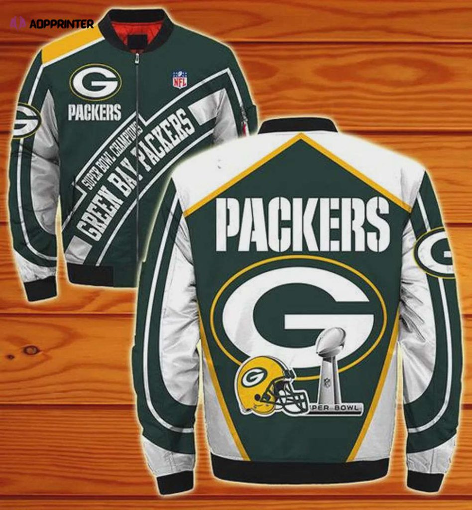 Green Bay Packers Logo Text Pattern Bomber Jacket – Green White