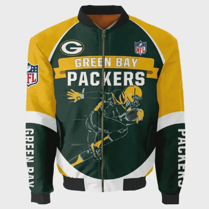 Green Bay Packers Team Logo Pattern Bomber Jacket – Green And Yellow White