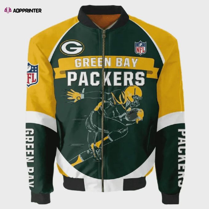 Green Bay Packers Team Logo Pattern Bomber Jacket – Green And Yellow White