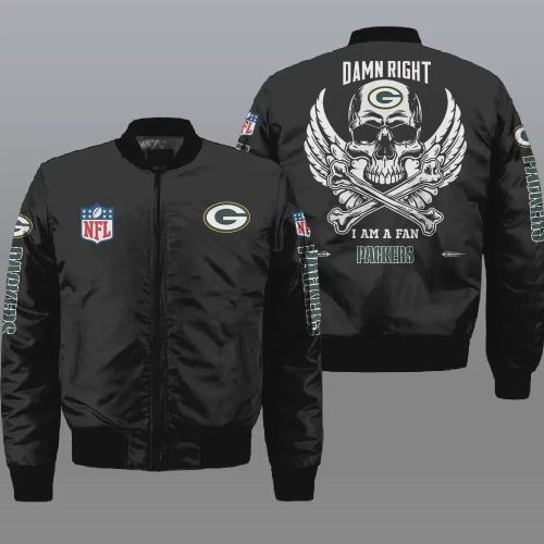 Green Bay Packers Wings Skull Pattern Bomber Jacket – Black