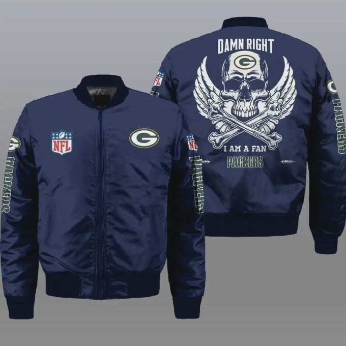 Green Bay Packers Wings Skull Pattern Bomber Jacket – Navy Blue