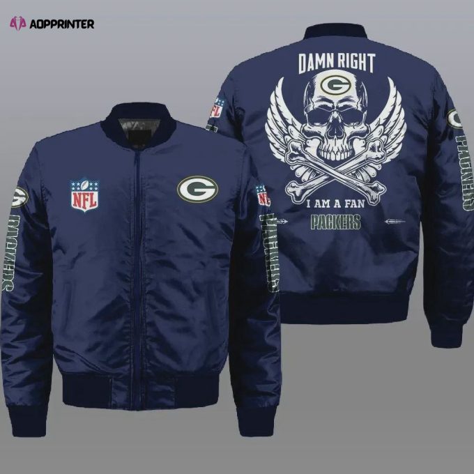 Green Bay Packers Wings Skull Pattern Bomber Jacket – Navy Blue