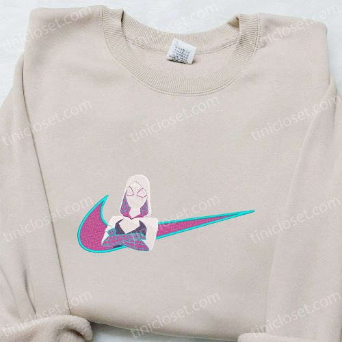 Marvel Gwen Stacy x Nike Swoosh Cartoon Embroidered Tshirt – Unique Comic Shirt with Nike Inspiration