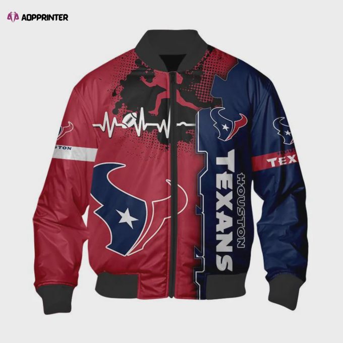 Houston Texans Heart ECG Line Pattern Bomber Jacket – Red Navy