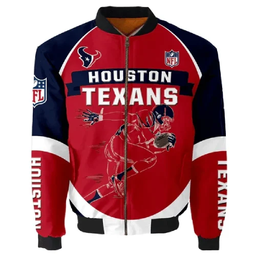 Houston Texans Team Logo Pattern Bomber Jacket – Red And Navy Blue