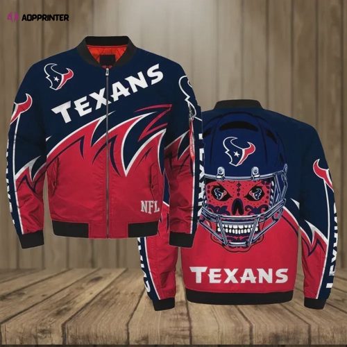 Houston Texans With Skulls Pattern Bomber Jacket – Navy Blue And Red