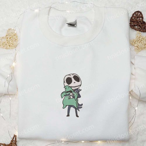 Jack Skellington Hugging Oogie Boogie Embroidered Sweatshirt: Cute Halloween Hoodie Best Gift Idea