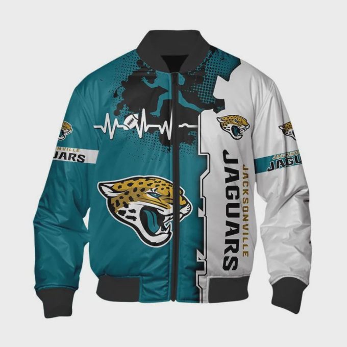 Jacksonville Jaguars Heart ECG Line Pattern Bomber Jacket – White Teal