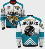 Jacksonville Jaguars Logo Helmet Pattern Bomber Jacket – White Teal