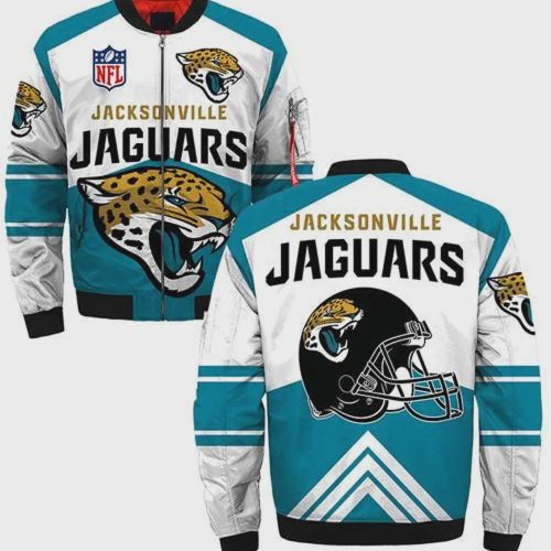 Jacksonville Jaguars Logo Helmet Pattern Bomber Jacket – White Teal