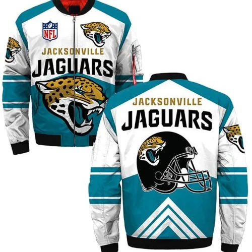 Jacksonville Jaguars Logo Helmet Pattern Bomber Jacket – White Teal