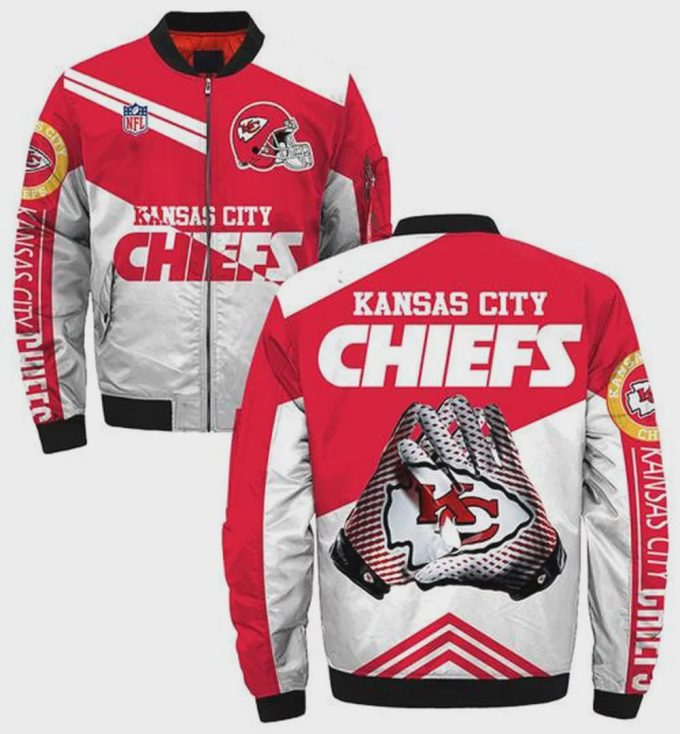 Kansas City Chiefs Hands With Logo Pattern Bomber Jacket – Red White