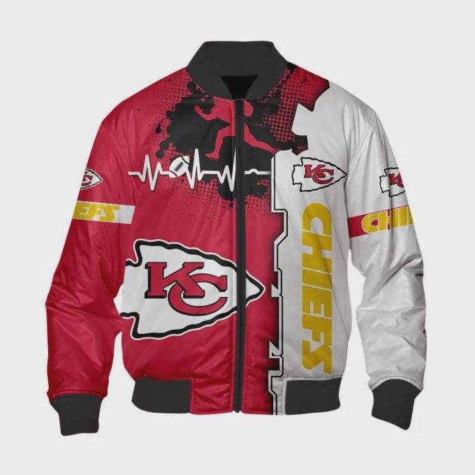 Kansas City Chiefs Heart ECG Line Pattern Bomber Jacket – Red White