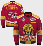 Kansas City Chiefs Helmet And Chieftain Pattern Bomber Jacket – Red Yellow