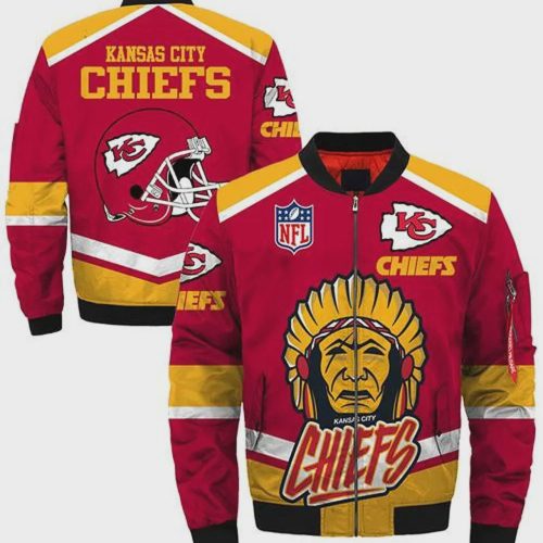 Kansas City Chiefs Helmet And Chieftain Pattern Bomber Jacket – Red Yellow