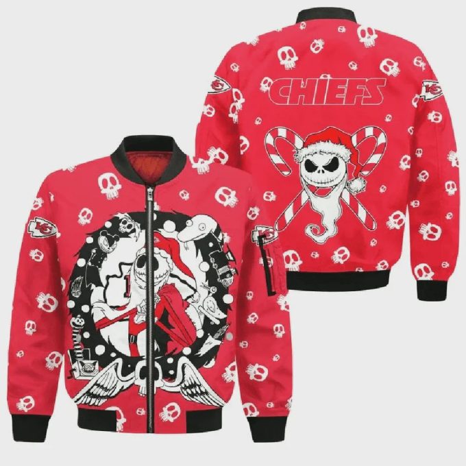 Kansas City Chiefs Jack Skellington Pattern Bomber Jacket- Red