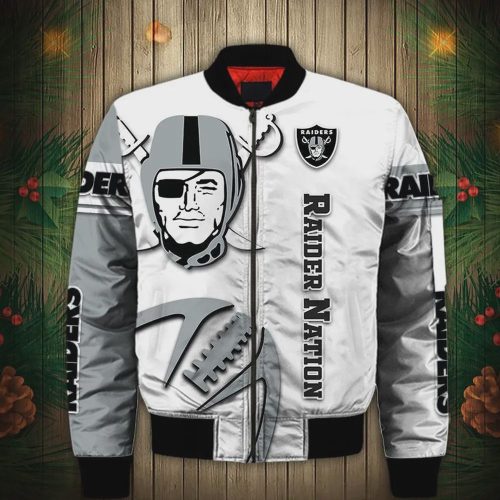 Las Vegas Raiders Graphic Ball Pattern Bomber Jacket – Grey White