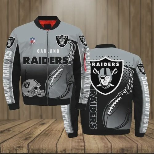 Las Vegas Raiders Team Logo Pattern Bomber Jacket – Black And Gray