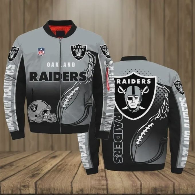 Las Vegas Raiders Team Logo Pattern Bomber Jacket – Black And Gray