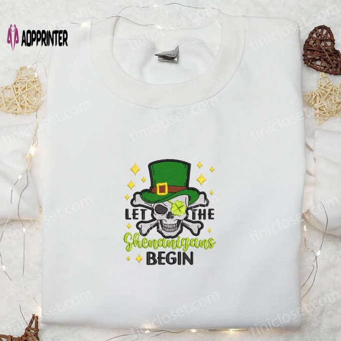 Shenanigans Begin: Shamrock Skull Embroidered Shirt & Hoodie – Perfect St Patrick s Day Gift