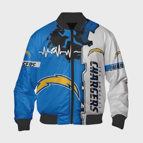 Los Angeles Chargers Heart ECG Line Pattern Bomber Jacket – White Blue