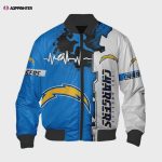 Los Angeles Chargers Heart ECG Line Pattern Bomber Jacket – White Blue