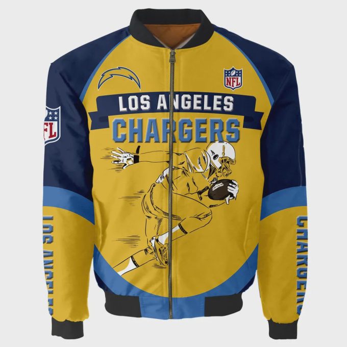 Los Angeles Chargers Players Running Pattern Bomber Jacket – Yellow And Blue