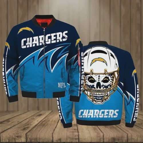 Los Angeles Chargers With Skull Pattern Bomber Jacket – Blue